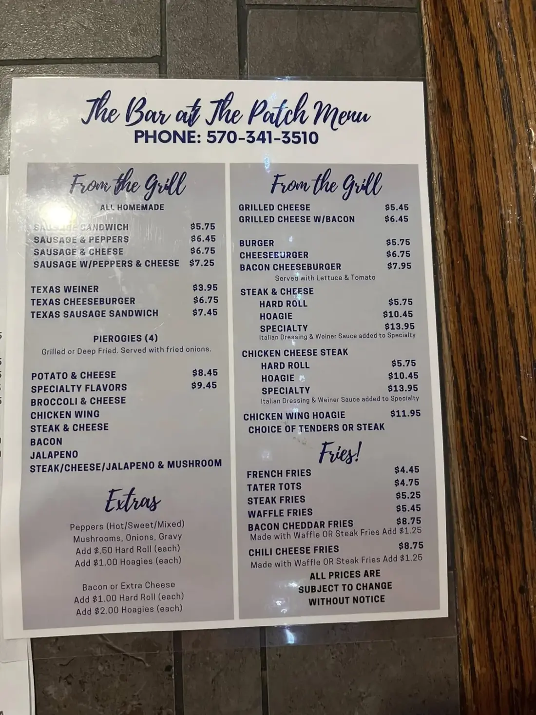 The Bar at the Patch printed menu, page 2: From the Grill, Pierogies, Fries, Extras