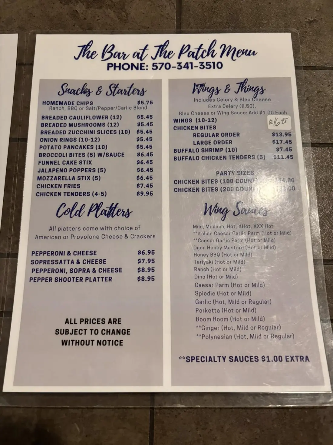The Bar at the Patch printed menu, page 1: Snacks & Starters, Wings & Things, Cold Platters, Wing Sauces